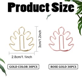 WEBEEDY 60 Pcs Monstera Paper Clips Cute Leaf Shaped Clips Small Paperclips Lovely Metal Bookmark for Note Clips Mini Page Marker for Home Office School Wedding Party Valentine Gift(2color)