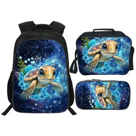 Sea Turtle Backpack Kids Bookbag 16inch Schoolbag With Lunch Box Bag And Pencil Case Set For Boys Girls