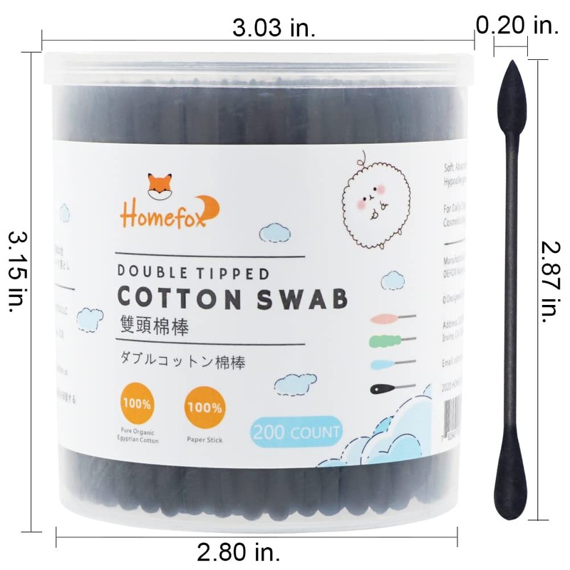 HOMEFOX Black Cotton Swabs Precision Pointed - 400 Count Organic