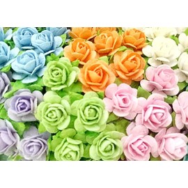 HukDok Mini Rose Artificial Mulberry Paper Flower Mixed Color Tone Decorative Small Roses Flowers for DIY Crafts Projects Scrapbooking Wedding Decorations. (Pastel Tones)