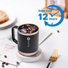 Bluwing - Taza de café aislada con tapa, taza de café de viaje de 12 onzas con asa, vaso de viaje de acero inoxidable de doble pared, a prueba de derrames (rosa morado)