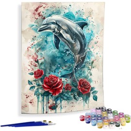 Diymood Paint by Numbers for Adults Dolphin, DIY Oil Painting Rose Acrylic Paint by Number Kits for Kids Adults Beginner for Home Wall Decor 16x20 inch