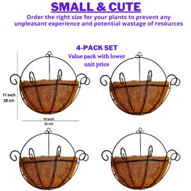 Maxona Wall Hanging Planters Basket 10 Inch, 4 Pack Half Round Plant Flower Holder with Coco Coir Liner Hanger Decoration for Garden Porch Balcony Patio Deck Rail Railing Indoor Outdoor