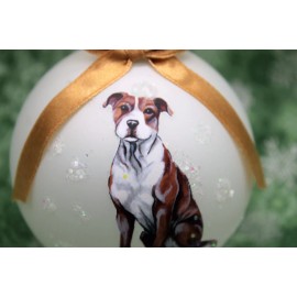 D539 Hand-made Christmas Ornament dog - Pit Bull Terrier pitbull -tan white sit