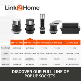 Link2Home Wireless Charging Pop Up Outlet with USB, Space Saver Retractable Power Station with 3 Outlets (15A), 2 USB A/C Ports (3.0A), Splash Resistant for Kitchen Island, Office Desk & Workshop