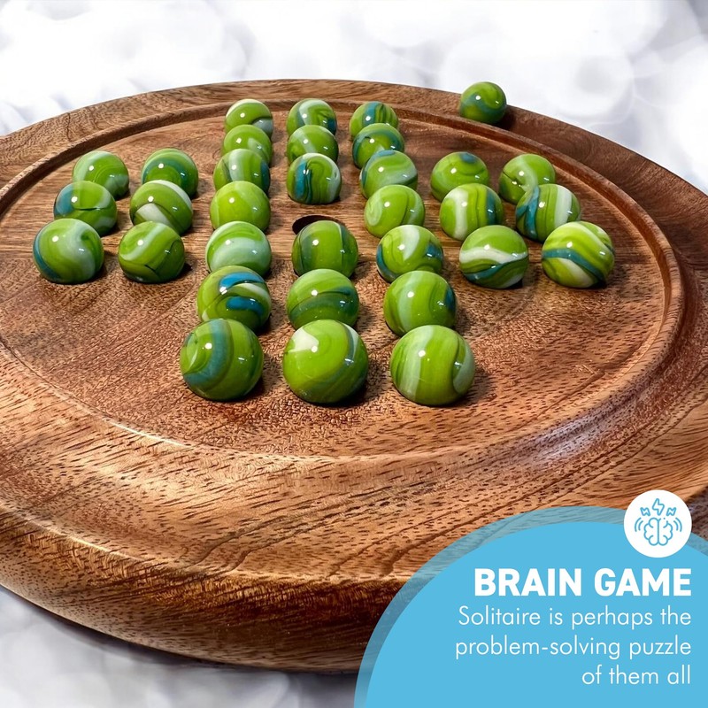 Solitaire Wooden Board Game with Green Goblin Glass Marbles 22cm