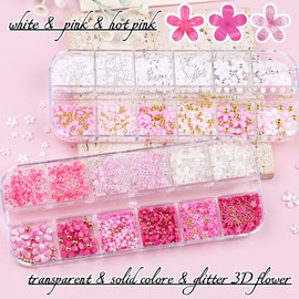 editTime editTime 3D Colorful Flower Nail Art Charms, White Pink Acrylic Cherry Blossom Spring Petal Metal Gold Silver Round Caviar Beads Studs Pearl Rhinestones for Manicure Craft DIY (13-K4-pink White)