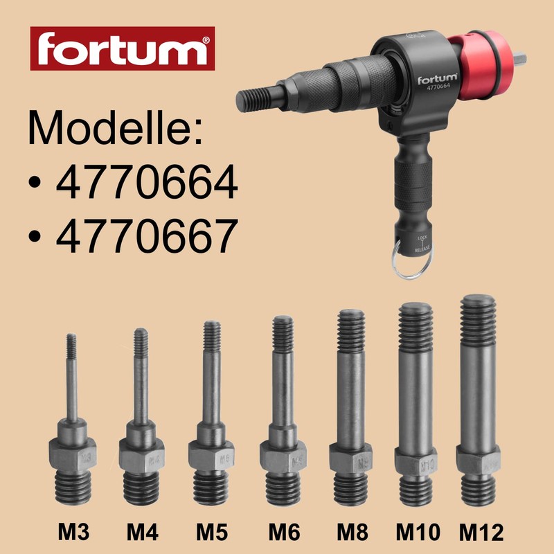 Tension Mandrel M6 for Fortum Rivet Attachment for Cordless Screwdriver