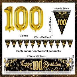 100th Birthday Decorations for Men and Women, Black Gold 100th Birthday Decoration Kit Happy 100th Birthday Banners Number 100 Balloons Black Gold Confetti Balloons Fireworks Triangle Flag Banner
