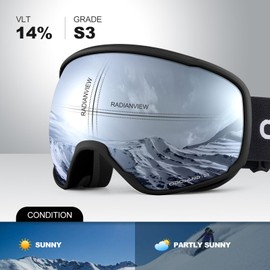 Odoland Ski Goggles Adult Ski Goggles for Men and Women, Spherical Snowboard Goggles UV Protection Compatible Helmet Anti Fog for Skiing Mirrored Black + Silver