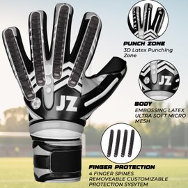 JAZZY SPORTS Professional Soccer Goalie Gloves for Youth Adult,Goalkeeper Gloves with Removable Finger Protect,Breathable,Strong Grip,6MM Latex Palm,Double Wrist Support (Gray, 10)