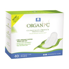 Organyc - 100% Certified Organic Cotton Inside and Out Feminine Pads, Sanitary Napkin 40 Count, Moderate Flow, Regular Absorbency, New Larger Size Packaging