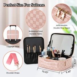 Travel Makeup Bag with LED Mirror Make up Case with Lighted Mirror 3 Color Setting Cosmetic Makeup Box Organizer Vanity Case for Women Beauty Tools Accessories Case Rechargeable (Pink, Middle)