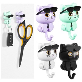 worahroe Pack of 4 Cat Key Hooks Self-Adhesive Coat Hooks Sunglasses Cat Key Holder Wall Creative Key Holder No Drilling Wall Hooks for Keys Bags Jewellery Clothing