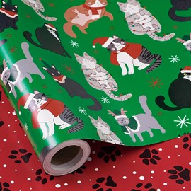 RUSPEPA Reversible Christmas Cat Wrapping Paper Roll, Mini Roll, Santa Cats on Green and Paw Prints on Red, Holiday Gift Wrap for Cat Lovers, Christmas, Winter Party, 17 Inches x 16.4 Feet