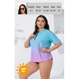Halcurt UV Shirt Women's Plus Size Rash Guard UPF 50+ Sun Protection Swimming Shirt Swimming Shirt Quick Drying Swimwear 1X-4X, Ombre Blue Pink