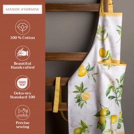 Maison d'Hermine 100% Cotton 1-Piece Kitchen Apron with Adjustable Neck and Middle Pocket, Long Ties for Women/Men, Spring/Summer, Limoncello