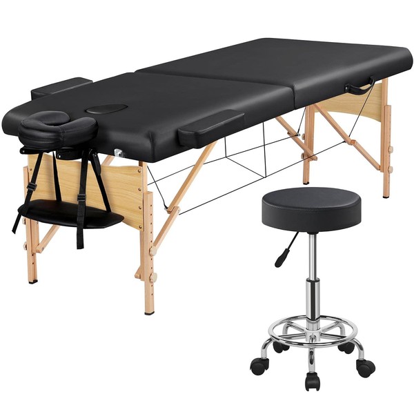 Yaheetech 28“ Wide Wood Massage Table with Rolling Stool 2 Folding Portable Massage Bed Spa Table Stool Adjustable Swivel Salon Chair Black