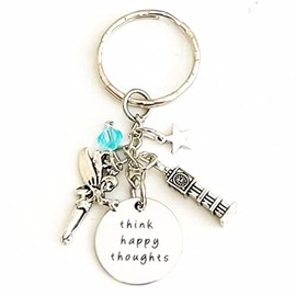 Hanalea Island Jewelry Co. Think Happy Thoughts Peter Pan Tinker Bell Silver Charm Keychain Gift of Love and Encouragement | Tinkerbell Merchandise and Accessories for Women