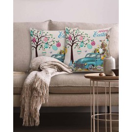 Easter Cotton Reversible Throw Pillow Covers for Couch, Happy Easter Eggs Tree Farmhouse Truck Gnomes Soft Cushion Cases Red Spring Decorative Pillow Case for Bedroom Chair Car 18x18 Inch, Set of 2