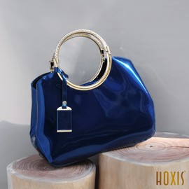 HOXIS Charm Glossy Metal Grip Structured Shoulder Handbag Top Handle Patent Leather Handbags for Women (Navy)
