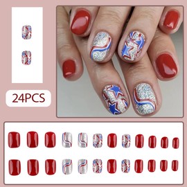 4th of July Nails - Fourth of July Nails Short Square Press On Nails Red Fake Nails with Blue Stars and Glitter Design, Acrylic Artificial False Nails Press Ons Stick On Nails for Women