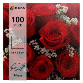 HEKU 100 napkins, 3-ply, 33 x 33 cm, red roses, absorbent and practical packaging, wide selection, ideal for special occasions