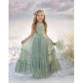 LalaMira Flower Girl Dress Lace Boho Toddler Dresses Ruffle Girl Dress for Wedding Garden Party Holiday Communion Sleeveless Sage Green-10 Years