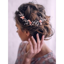 Kercisbeauty - Diadema para el cabello con diseño de flores, color oro rosa, perla y hojas de perlas
