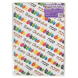 Hanukkah Wrapping Paper, 2 Sheets with Matching Tags, Dreidel Design