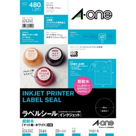 A-One 62424E Inkjet Label Stickers, Ultra Water Resistant, Matte Paper, 20 Sheets, 24 Round Labels/Sheet