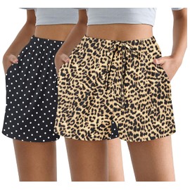 Ekouaer Womens 2 Pack Pajama Shorts Comfy Lounge Bottom Y2k Printed Sleep Short with Pockets Pj Bottoms Leopard/Polka Dots Large