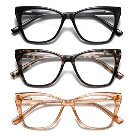 PUBOWT Oversized Reading Glasses for Women Cat Eye Style Blue Light Blocking Computer Readers Ladies Designer Fashion Large Unbreakable Spring Hinge Eyewear PT2005 3Pack +3.50 Strength