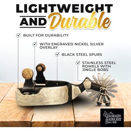 Colorado Saddlery Lady Cutter Engraved Spurs for Women - Stainless Steel Rowels & Jingle Bobs, Stylish Boot Spurs - Perfect for Trail Riding, Horse Tack, Outfitting - Comes in a Pair