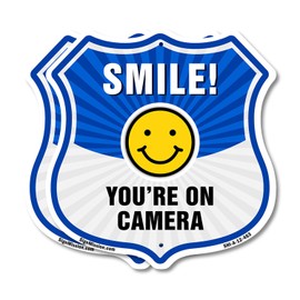 Smile You're On Camera Shield Sign Smile You're On Camera (2 Pack) 12 inch X 12 inch Shield Shaped Commercial Grade Plastic Signs Weather Resistant, UV Protected for Workplace Made in the USA
