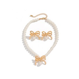 Gold Jewelry Set for Women Dainty Pearl Necklace Earring Set Dainty 14K Gold Bow Earrings Trendy Bow Pendant Necklace Wedding Birthday Christmas Jewelry Gift (Bow)