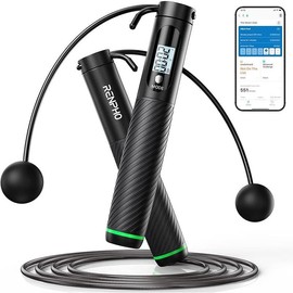 Cordless Jump Rope, Weighted Jump Rope with Counter, Jump Ropes for Fitness, Smart Skipping Rope for Crossfit, Gym, Burn Calorie, APP Data Analysis, at-Home-Workout for Women Men Adult Kids - Color: A-Black cordless ball 1 pack & Steel wir