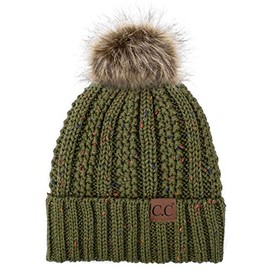 C.C Exclusives Fuzzy Lined Knit Fur Pom Beanie Hat (YJ-820) (Confetti New Olive)