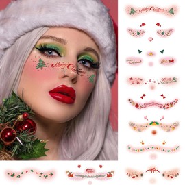 10 Sheets Christmas Blush Face Temporary Tattoo Sticker Xmas Tree Santa Claus Snowflakes Bows Elk Face Eye Makeup Freckle Stickers for Women Winter Body Decal Carnival Party Supplies