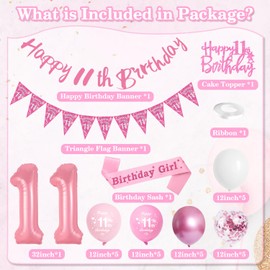 11th Birthday Decorations - Pink Balloons, Happy Birthday Banner & Number 11 Sash for Girls