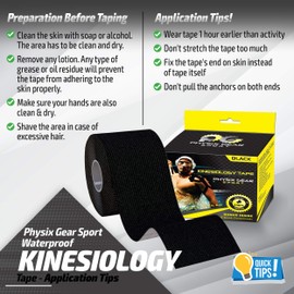 Physix Gear Sport Kinesiology Tape Waterproof, 5 cm x 5 m, Skin-Friendly Kinesiology Tape, with Extra-Long Adhesion Sports Tape Kinesio Tape, Showerproof and Sweat-Resistant Physio Tape incl. With instructions (may not be in English), black