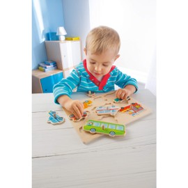 HABA 301940 - Greifpuzzle Fahrzeug-Welt , Holzspielzeug ab 12 Monaten , 8-teiliges Puzzle aus Holz mit bunten Fahrzeugmotiven , Mit großen Knöpfen zum Greifen