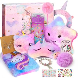 Unicorns Gifts Set for Girls, Kids Unicorn Toys with Light Up Plush Star Pillow, Diary, Headband, Eye Mask, Water Bottle, Soft Plush Toys Set for Teens Gift, Age 3-10+ Years Old Girl Birthday Gift