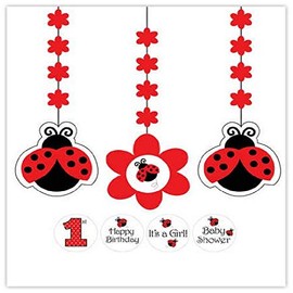 Creative Converting 995019, Ladybug Fancy Sticker Personalizable Hanging Decorations, 3 Ct, 36", Red