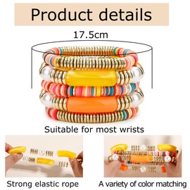 Dochais Colourful Bead Bracelets Women's Boho Elastic Bracelet Summer Bohemian Bracelets Pack of 5 Stackable Bracelets Vive Colours Pink/Naranja/Blanco, Acrylic