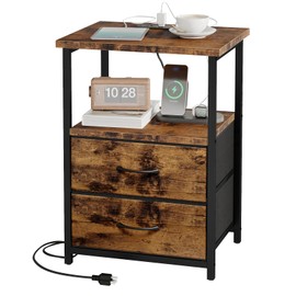 Fixwal Rustic Brown Night Stand with Charger Station, Nightstand with Charging Station & Fabric Drawers