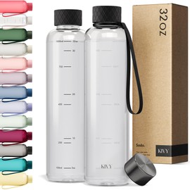 KIVY Slim Water Bottle 32oz [Lightweight & Shatterproof] Fits Backpack & Cupholder for Travel, Sports, School, Gym - Clear water bottle with measurements - Transparent Tritan Black - Dishwasher Safe