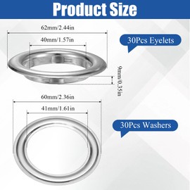 Akamino 30 Set Grommets Eyelets Kit, 40mm Brass Eyelets with Washers, Electroplating Metal Grommet Kit for Fabric Curtain Tarps,DIY Leather Belt,Sewing Repair (Silver)