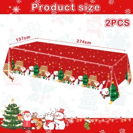 POPOYU 2Pcs Christmas Table Cloth,137 * 274cm Large Red Rectangular Christmas Table Cloth,Snowman Santa Claus Xmas Dinner Table Cover,Merry Christmas Tablecloth for Winter Holiday Xmas Party Supplies