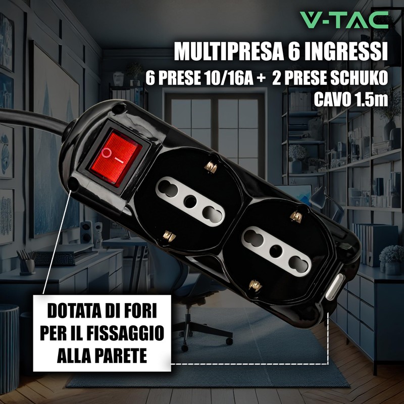 V-TAC Power Strip Black 6 Slots with Switch and Cable